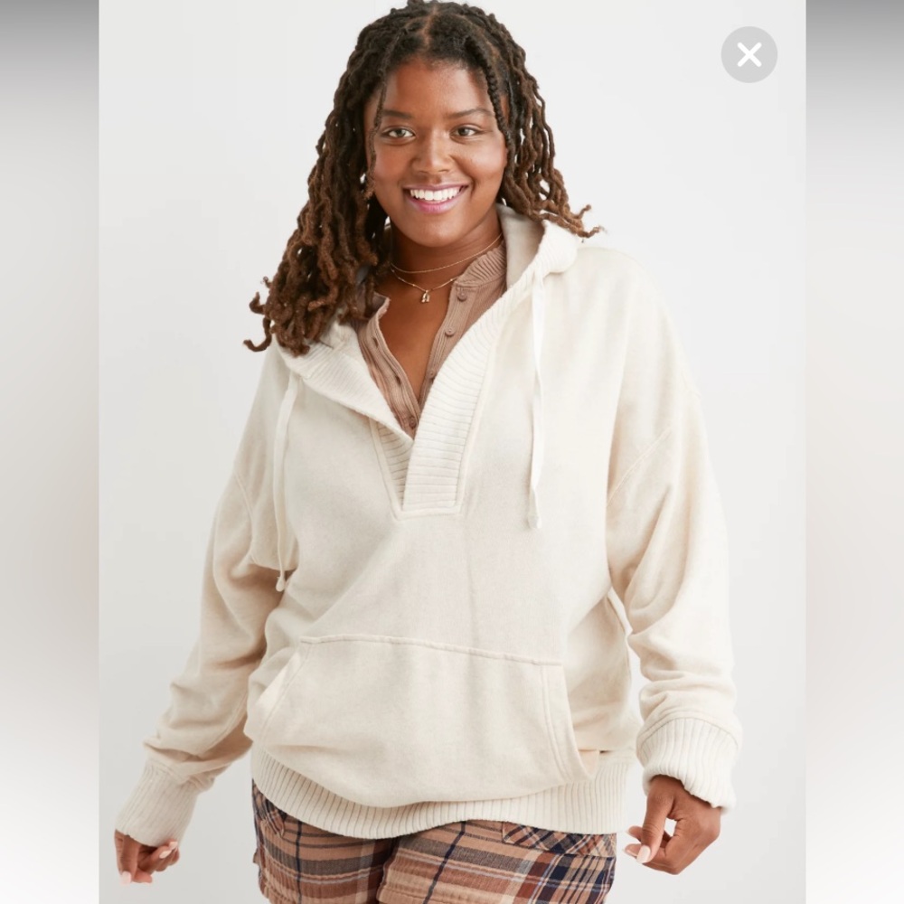 Aerie Down-To-Earth Henley Terrycloth V-Neck Ribbed Hoodie in White Size Small